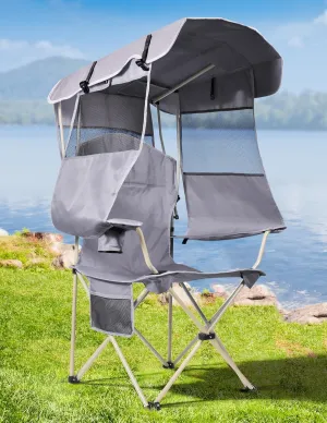 Beach Chair with Canopy Shade, Folding Camping Chair with Canopy with Cup Holder, Side Pocket for Camp, Beach, Tailgates, Fishing - Support 330 LBS