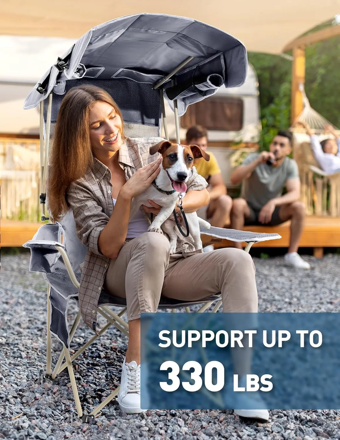 Beach Chair with Canopy Shade, Folding Camping Chair with Canopy with Cup Holder, Side Pocket for Camp, Beach, Tailgates, Fishing - Support 330 LBS