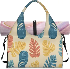 Beach Palm Leaf Slippers Women's Yoga Gym Bag - Adjustable shoulder strap with shoe compartment, large gym bag with multiple pockets for yoga mat, gym equipment and travel accessories