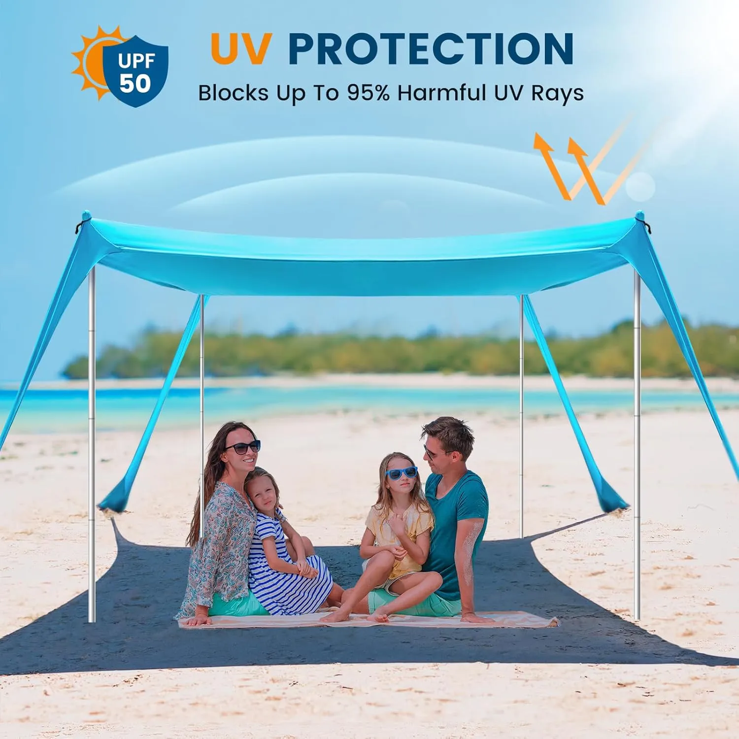 Beach Tent Sun Shelter - 10 x 10 Ft Beach Canopy UPF50  UV Protection with Sandbags, Poles, Grond Pegs and Anti-Wind Ropes for Camping, Backyard, Fishing