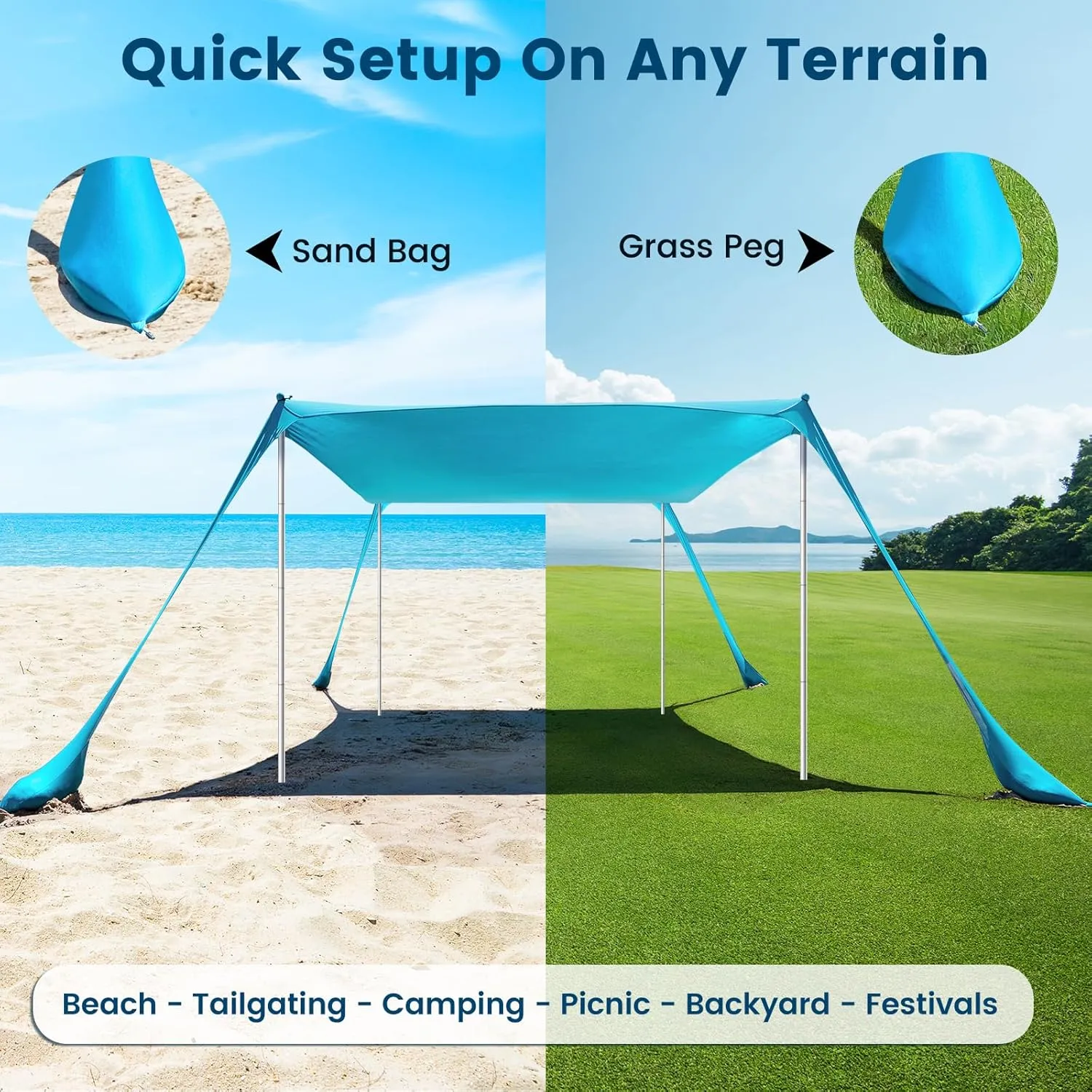Beach Tent Sun Shelter - 10 x 10 Ft Beach Canopy UPF50  UV Protection with Sandbags, Poles, Grond Pegs and Anti-Wind Ropes for Camping, Backyard, Fishing