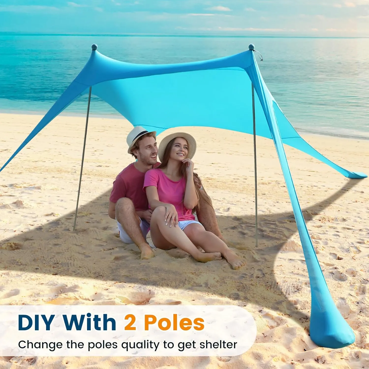Beach Tent Sun Shelter - 10 x 10 Ft Beach Canopy UPF50  UV Protection with Sandbags, Poles, Grond Pegs and Anti-Wind Ropes for Camping, Backyard, Fishing