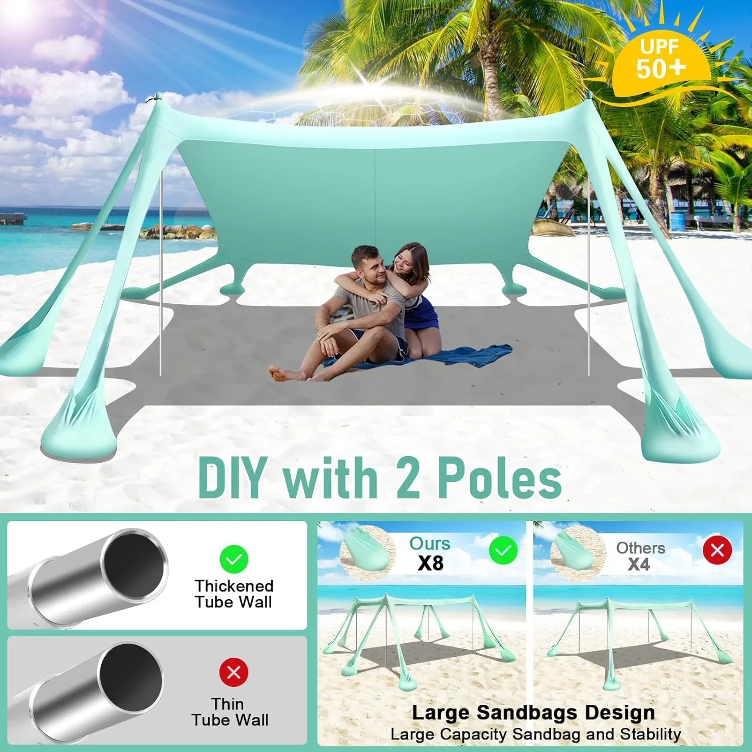 Beach Tent Sun Shelter Beach Canopy Tent Sun Shade Pop Up 10x10 UPF50  with 8 Sandbags-2 Sand Shovel-Portable 4 Aluminum Poles-Ground Pegs-Easy Setup for Outdoor Family Camping Fishing Picnic