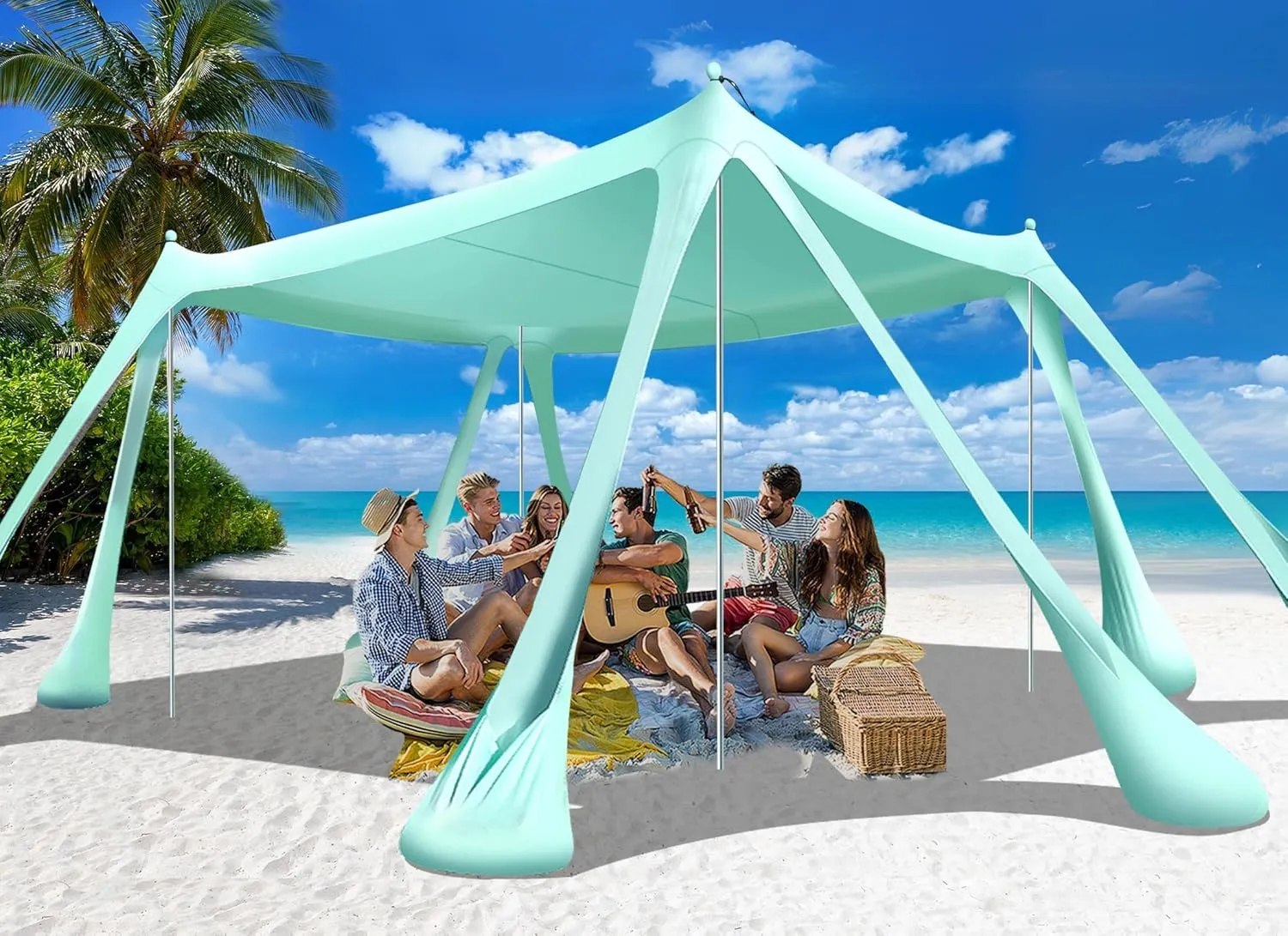 Beach Tent Sun Shelter Beach Canopy Tent Sun Shade Pop Up 10x10 UPF50  with 8 Sandbags-2 Sand Shovel-Portable 4 Aluminum Poles-Ground Pegs-Easy Setup for Outdoor Family Camping Fishing Picnic