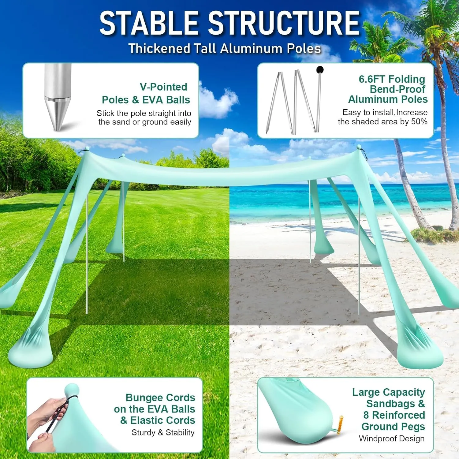 Beach Tent Sun Shelter Beach Canopy Tent Sun Shade Pop Up 10x10 UPF50  with 8 Sandbags-2 Sand Shovel-Portable 4 Aluminum Poles-Ground Pegs-Easy Setup for Outdoor Family Camping Fishing Picnic