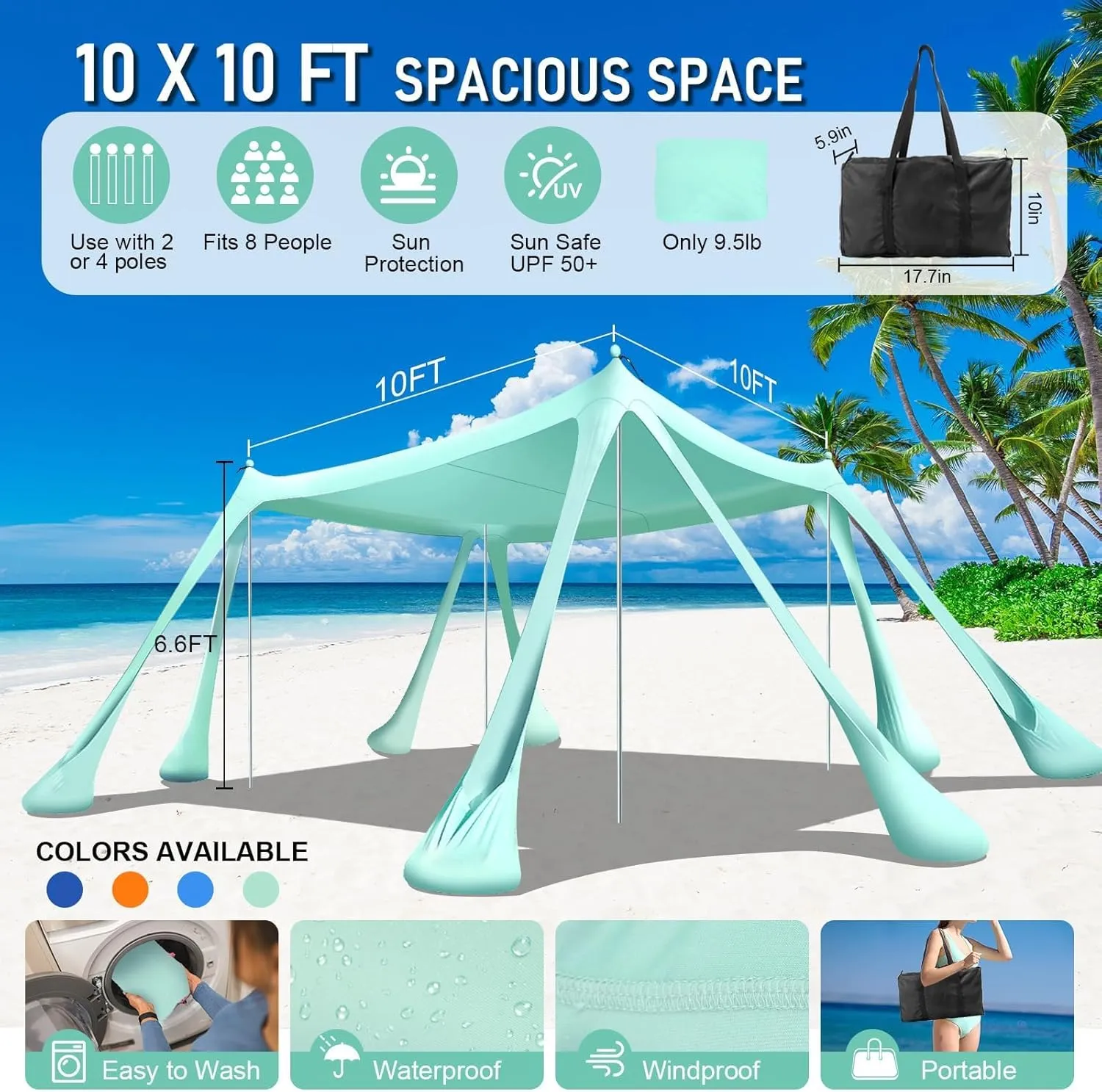 Beach Tent Sun Shelter Beach Canopy Tent Sun Shade Pop Up 10x10 UPF50  with 8 Sandbags-2 Sand Shovel-Portable 4 Aluminum Poles-Ground Pegs-Easy Setup for Outdoor Family Camping Fishing Picnic