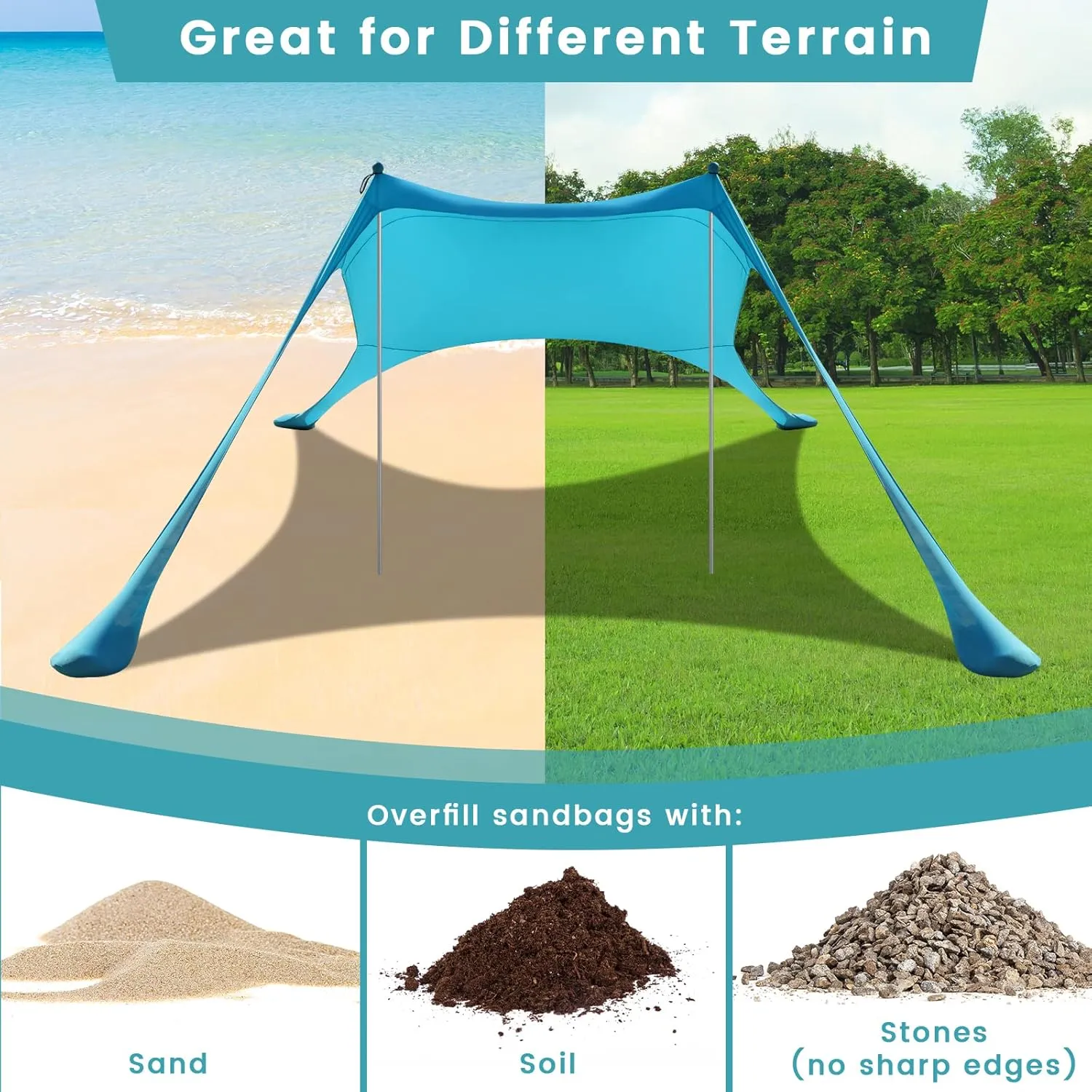 Beach Tent Sun Shelter - UPF50  UV Protection 9.8 x 6.5 Ft Beach Canopy with Sandbags, Poles, Grond Pegs and Anti-Wind Ropes for Outdoor Fun