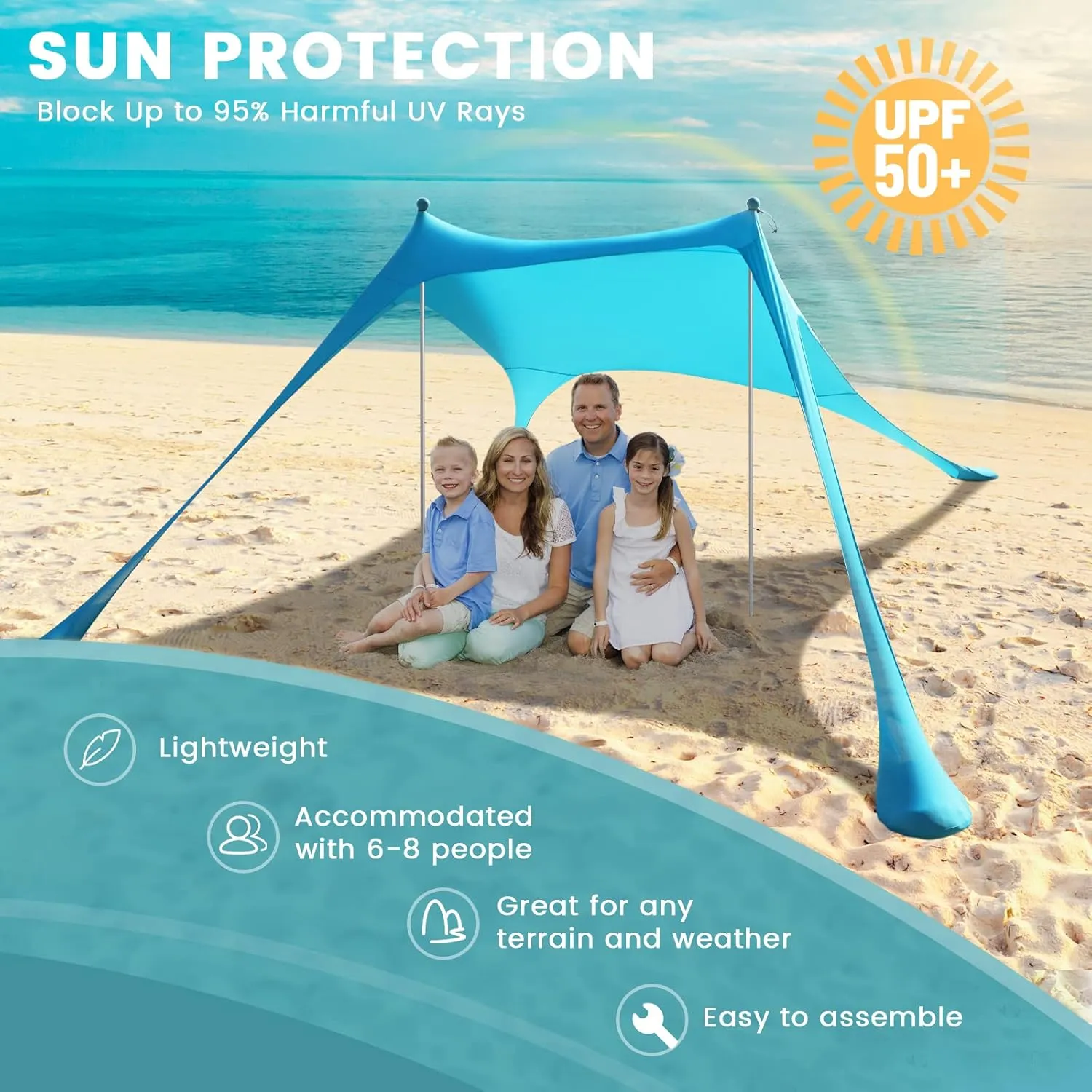 Beach Tent Sun Shelter - UPF50  UV Protection 9.8 x 6.5 Ft Beach Canopy with Sandbags, Poles, Grond Pegs and Anti-Wind Ropes for Outdoor Fun