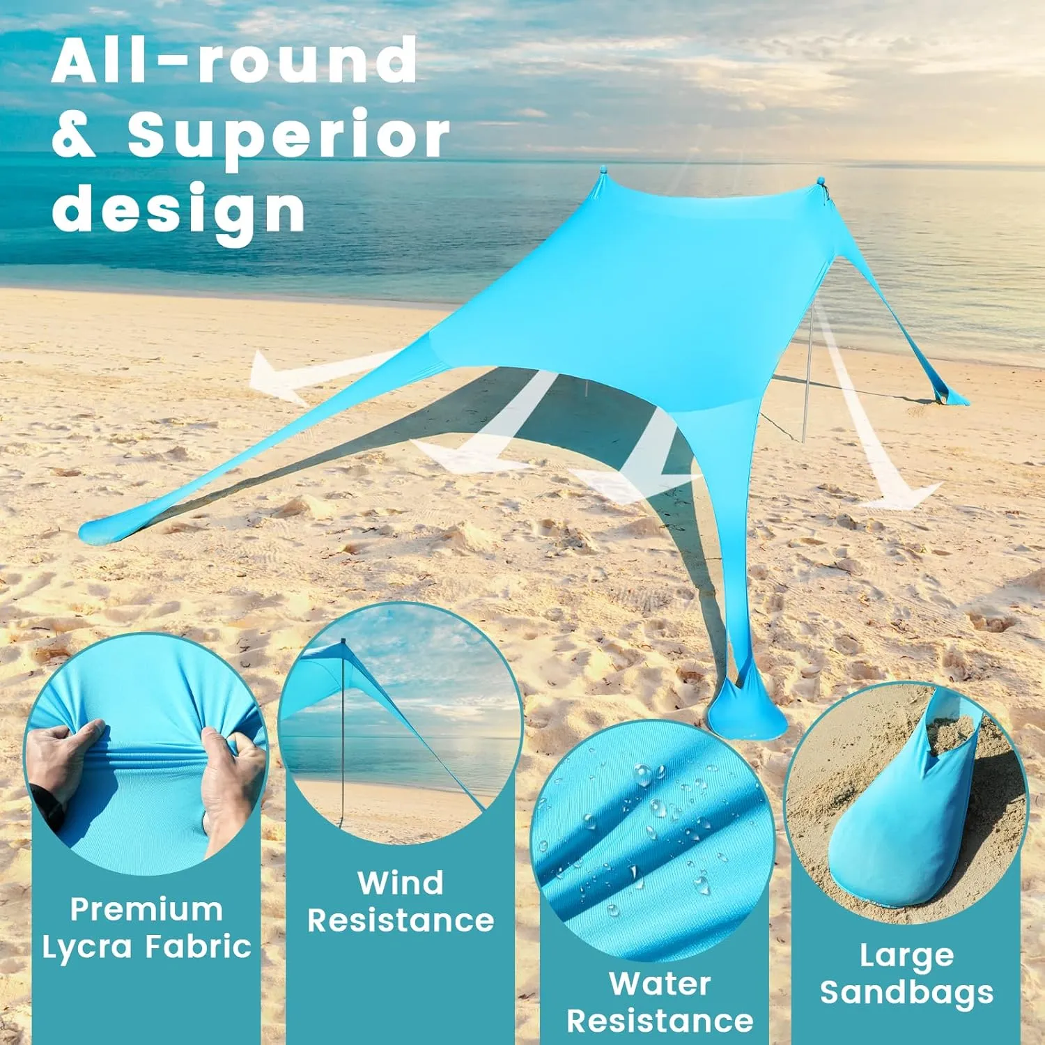 Beach Tent Sun Shelter - UPF50  UV Protection 9.8 x 6.5 Ft Beach Canopy with Sandbags, Poles, Grond Pegs and Anti-Wind Ropes for Outdoor Fun