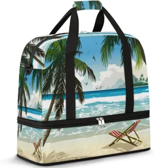 Beach Theme Travel Duffel Bag for Women Men, Beach Palm Tree Sports Gym Bag with Shoes Compartment Foldable Overnight Bag Weekender Tote Workout Carry On Luggage Bag