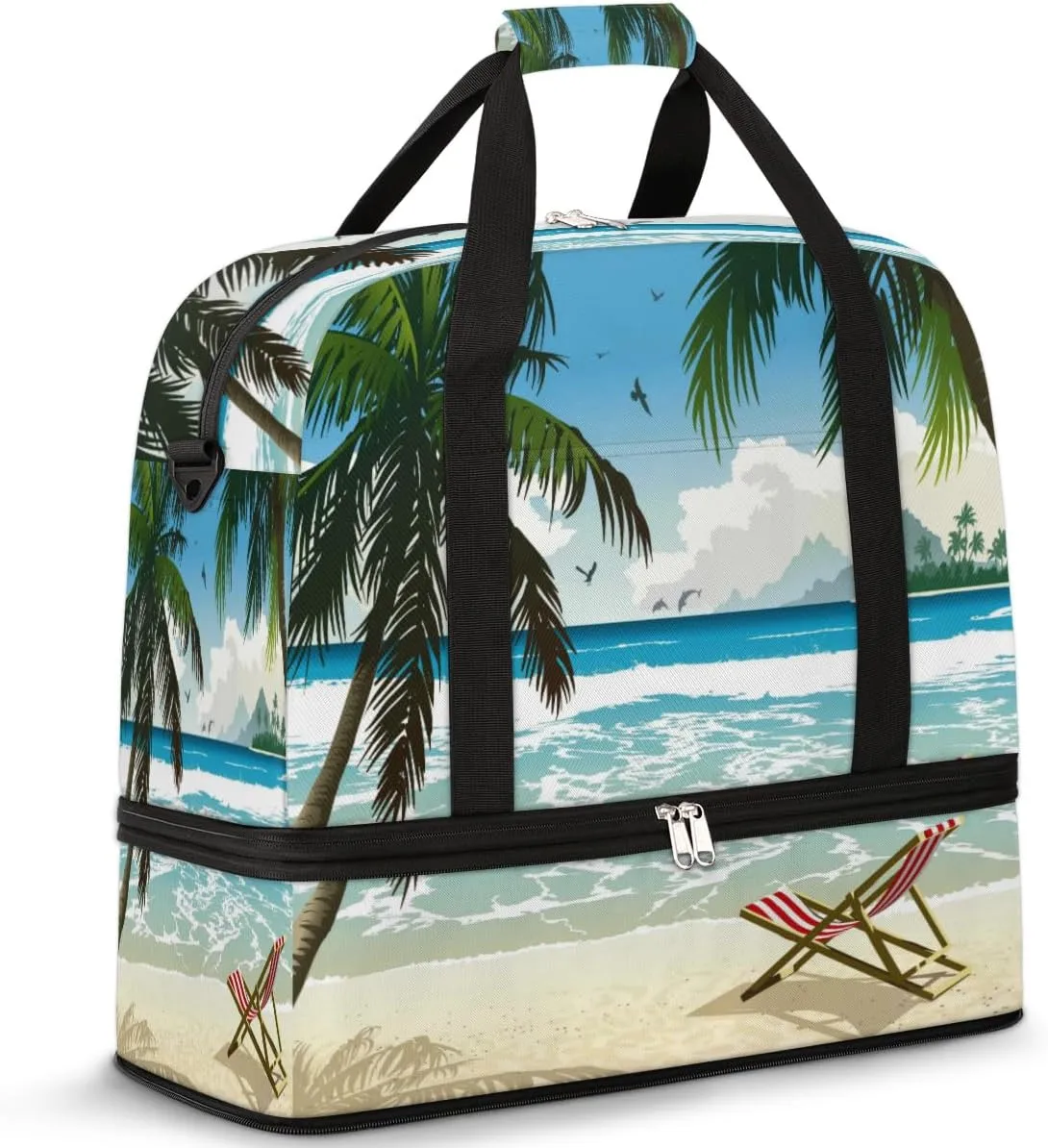 Beach Theme Travel Duffel Bag for Women Men, Beach Palm Tree Sports Gym Bag with Shoes Compartment Foldable Overnight Bag Weekender Tote Workout Carry On Luggage Bag