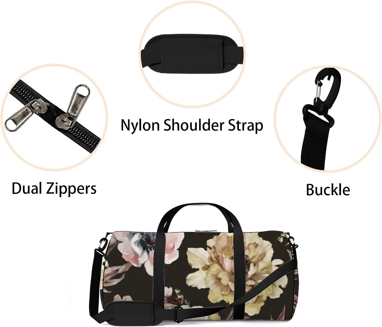 Beautiful Peony Anemone Flowers with Leaves Sports Duffel Bag Travel Gym Tote Bags Lightweight Durable Shoulder Strap Waterproof Polyester Outside Mesh Pocket Overnight Trip Duffel Bag for Women Men