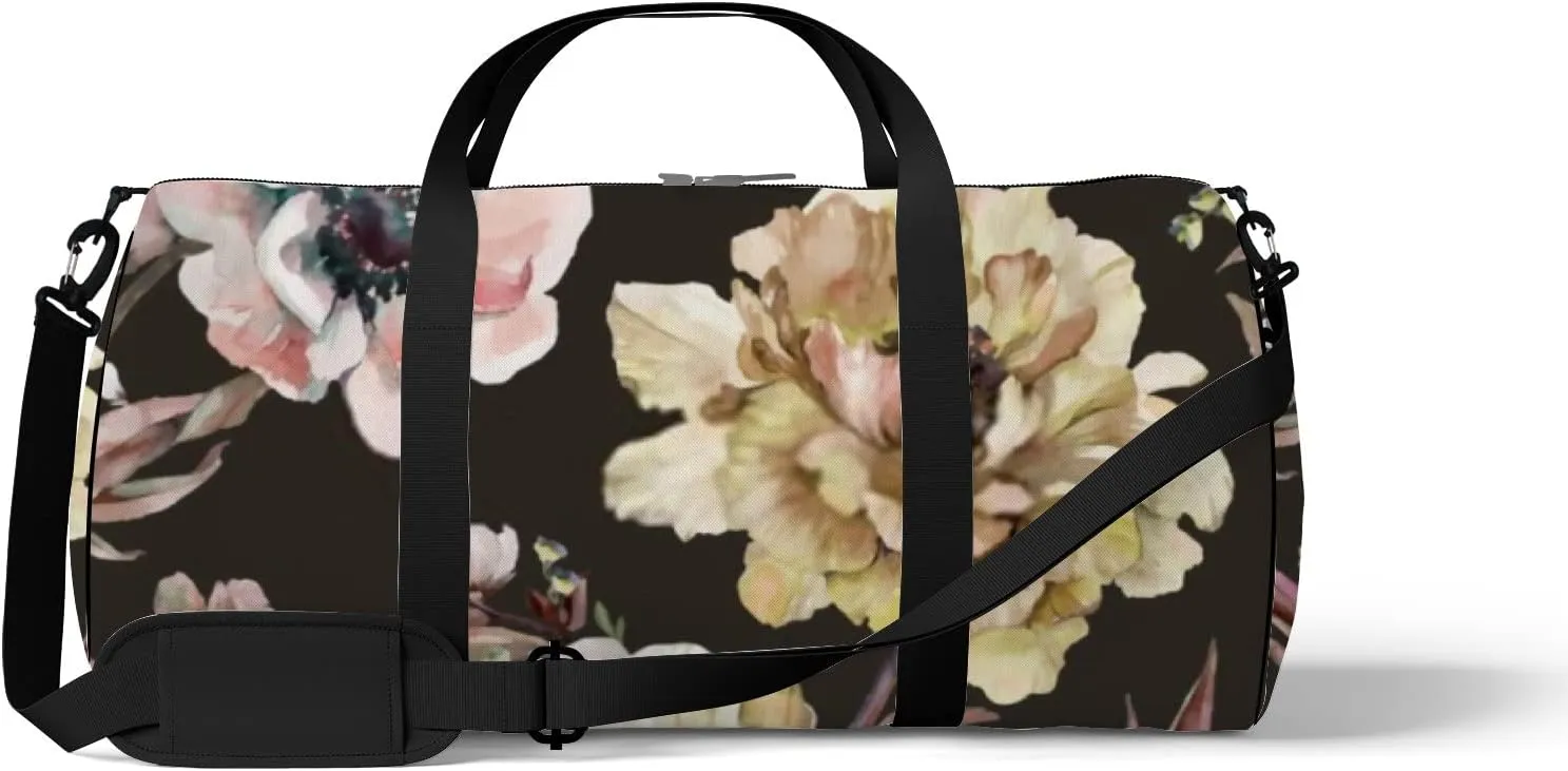Beautiful Peony Anemone Flowers with Leaves Sports Duffel Bag Travel Gym Tote Bags Lightweight Durable Shoulder Strap Waterproof Polyester Outside Mesh Pocket Overnight Trip Duffel Bag for Women Men