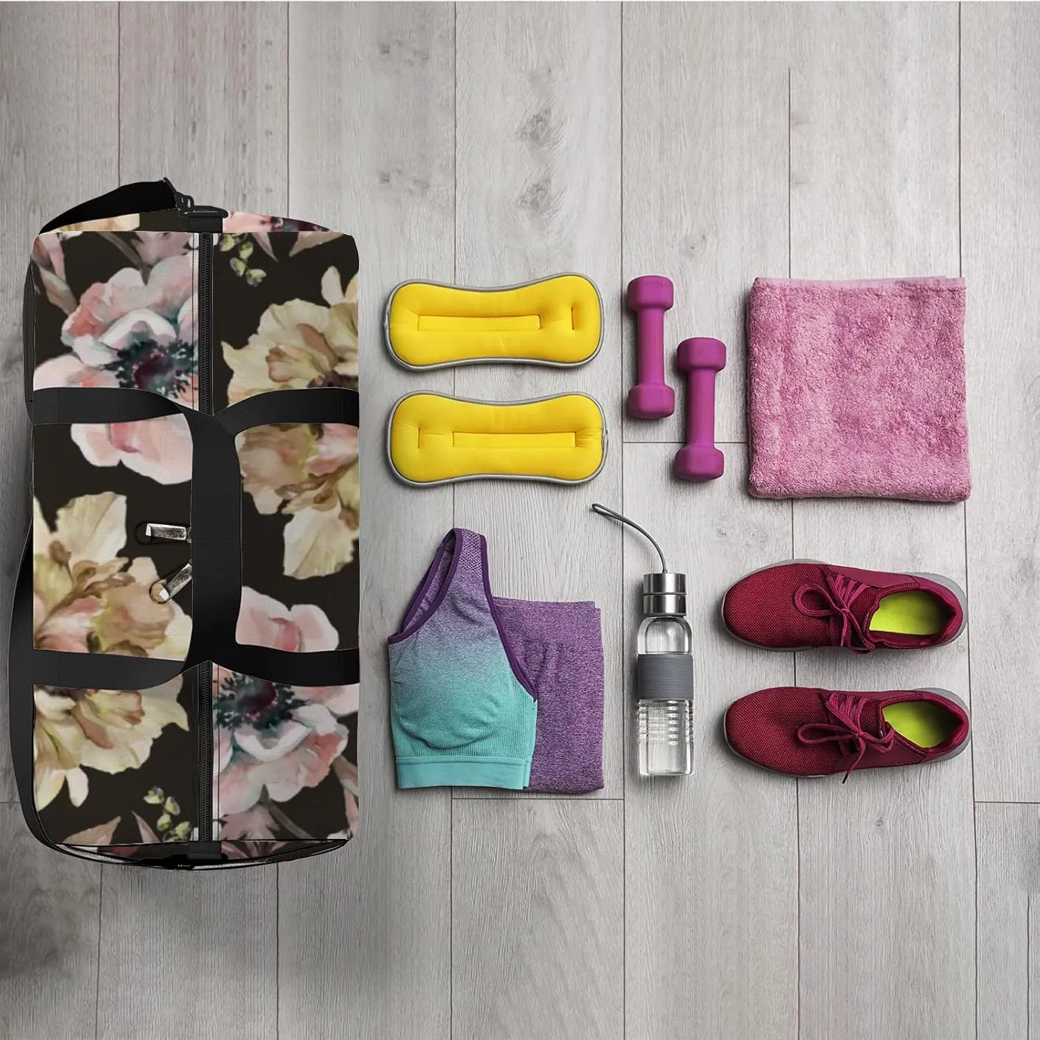 Beautiful Peony Anemone Flowers with Leaves Sports Duffel Bag Travel Gym Tote Bags Lightweight Durable Shoulder Strap Waterproof Polyester Outside Mesh Pocket Overnight Trip Duffel Bag for Women Men