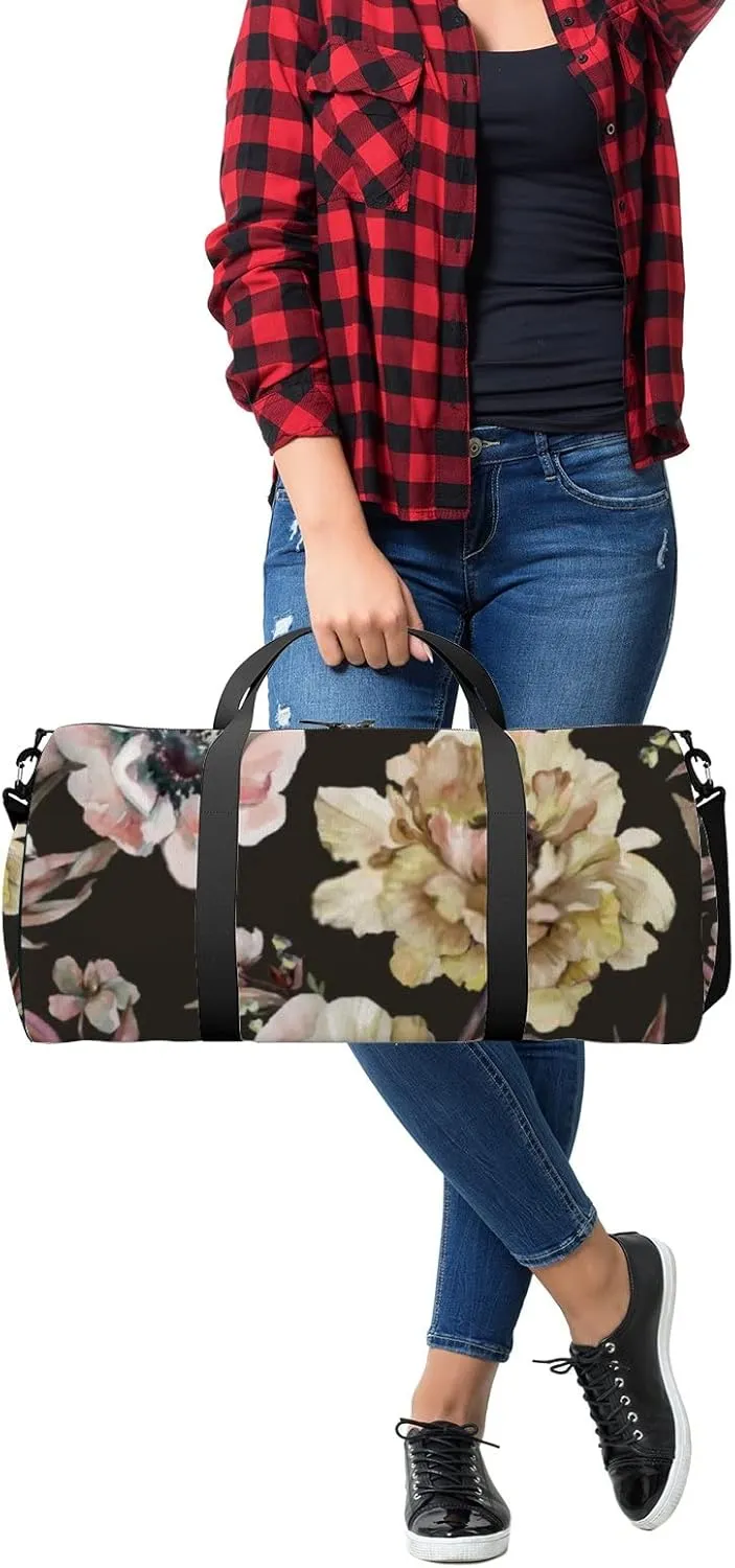 Beautiful Peony Anemone Flowers with Leaves Sports Duffel Bag Travel Gym Tote Bags Lightweight Durable Shoulder Strap Waterproof Polyester Outside Mesh Pocket Overnight Trip Duffel Bag for Women Men
