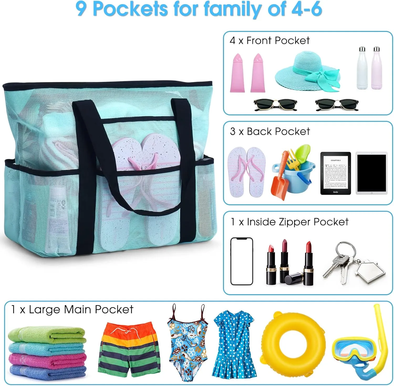 Becokan Beach Bags for Women Mesh Beach Bag for Women Swim Pool Bag Beach Tote Bag for Vacation Zipper Closure 9 Pockets