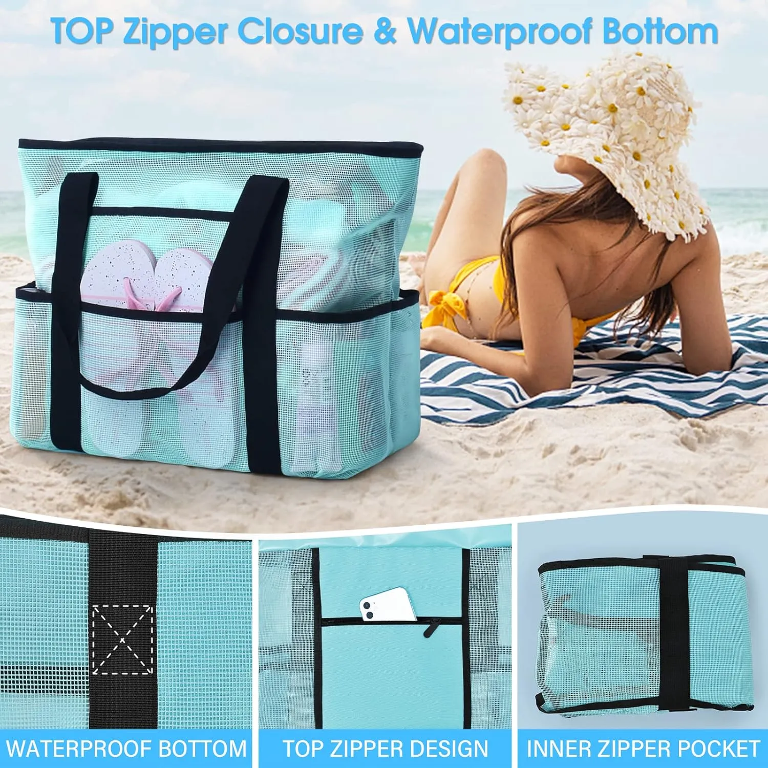 Becokan Beach Bags for Women Mesh Beach Bag for Women Swim Pool Bag Beach Tote Bag for Vacation Zipper Closure 9 Pockets