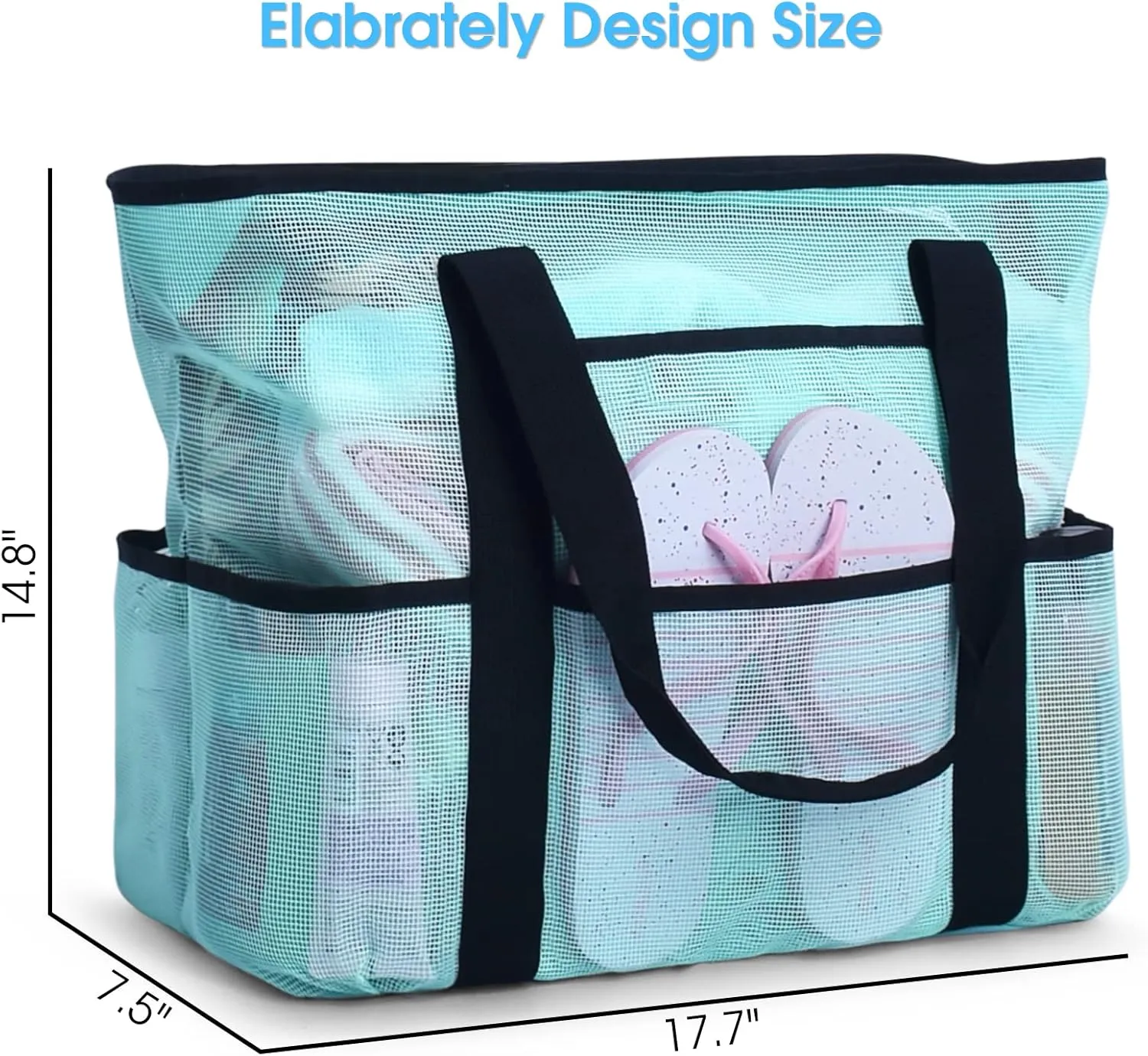Becokan Beach Bags for Women Mesh Beach Bag for Women Swim Pool Bag Beach Tote Bag for Vacation Zipper Closure 9 Pockets