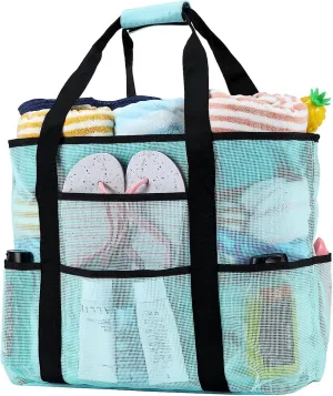Becokan Beach Bags for Women Mesh Beach Bag for Women Swim Pool Bag Beach Tote Bag for Vacation Zipper Closure 9 Pockets