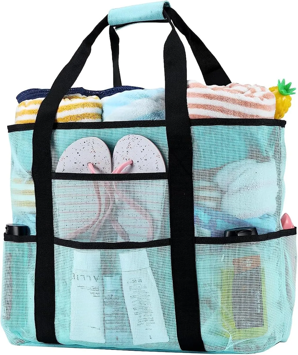 Becokan Beach Bags for Women Mesh Beach Bag for Women Swim Pool Bag Beach Tote Bag for Vacation Zipper Closure 9 Pockets