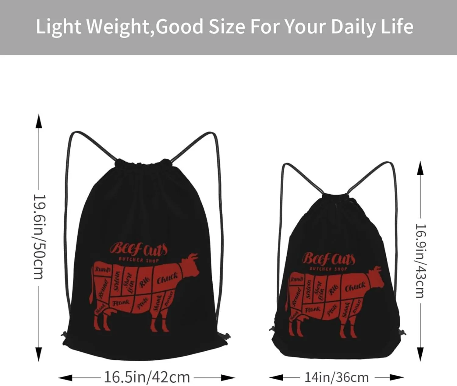 Beef Cuts Animal Silhouette Cow Gym Sackpack bag for mens womens, Drawstring bag for yoga Travel Hiking Camping daily use