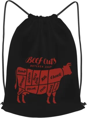 Beef Cuts Animal Silhouette Cow Gym Sackpack bag for mens womens, Drawstring bag for yoga Travel Hiking Camping daily use