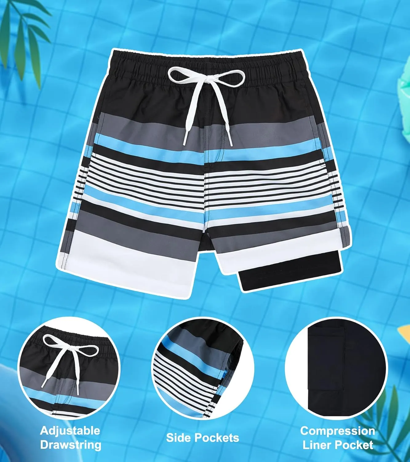 Belovecol Boys Swim Trunks with Compression Liner Anti-Chafe Swim Shorts Quick Dry UPF 50  Bathing Suits Swimwear 7-20T
