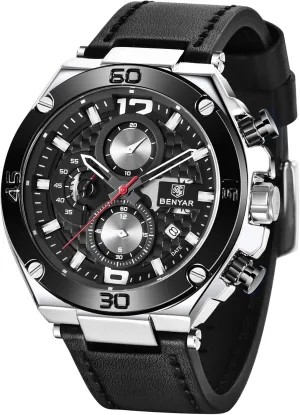 BENYAR Mens Watches Chronograph Date Waterproof Sports Watches Leather Strap Business Wrist Watches