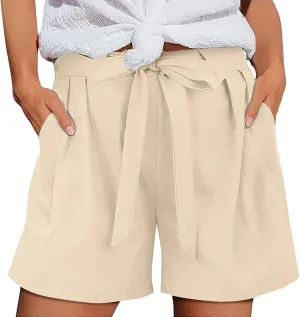 Bermuda Linen Shorts for Women Summer Beach High Waisted Drawstring Lightweight Vacation Fashion Pockets Knee Length