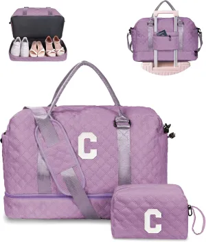 Birthday Gifts for Women-Initial Duffle Bag with Shoe Compartment, Personalized Weekender Bag, Monogram Overnight Bag, Letter Travel Bag with Makeup Bag，Friend Wife Birthday Gift (Letter C)