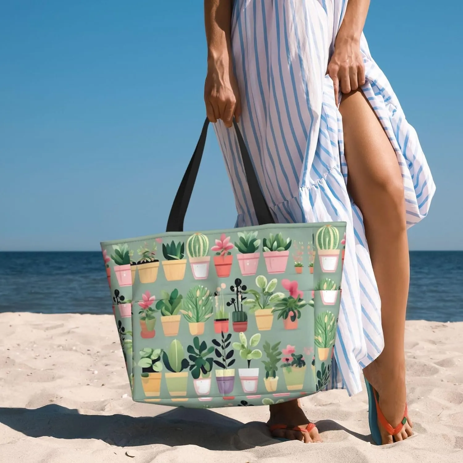 Black And White Lines Spacious Large Capacity Beach Travel Bag - Foldable Beach Bag Tote Bag With Zipper