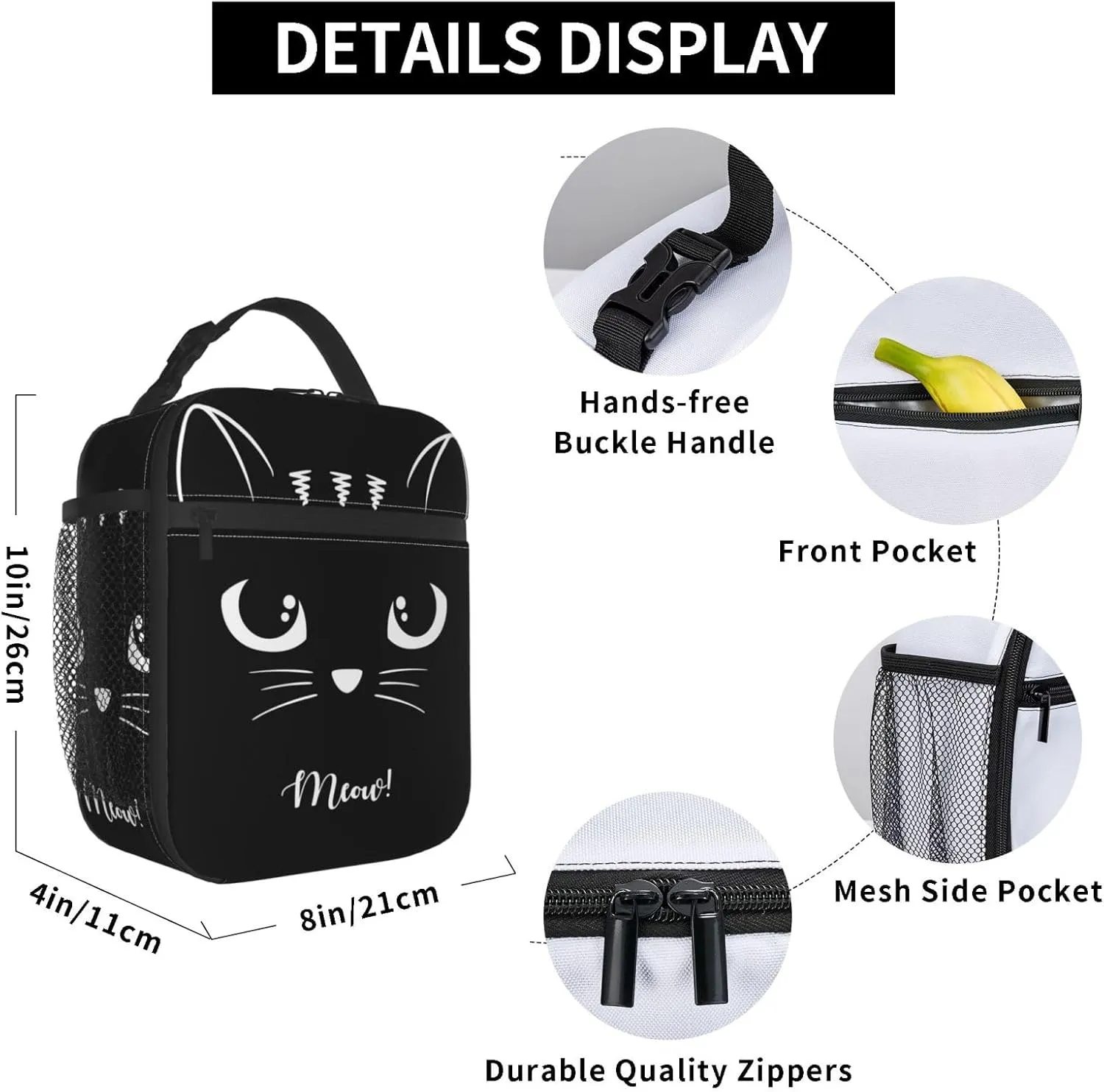 Black Cat Reusable Lunch Box Food Bag Insulated Lunch Bag for Teenage Boys Girls School Beach