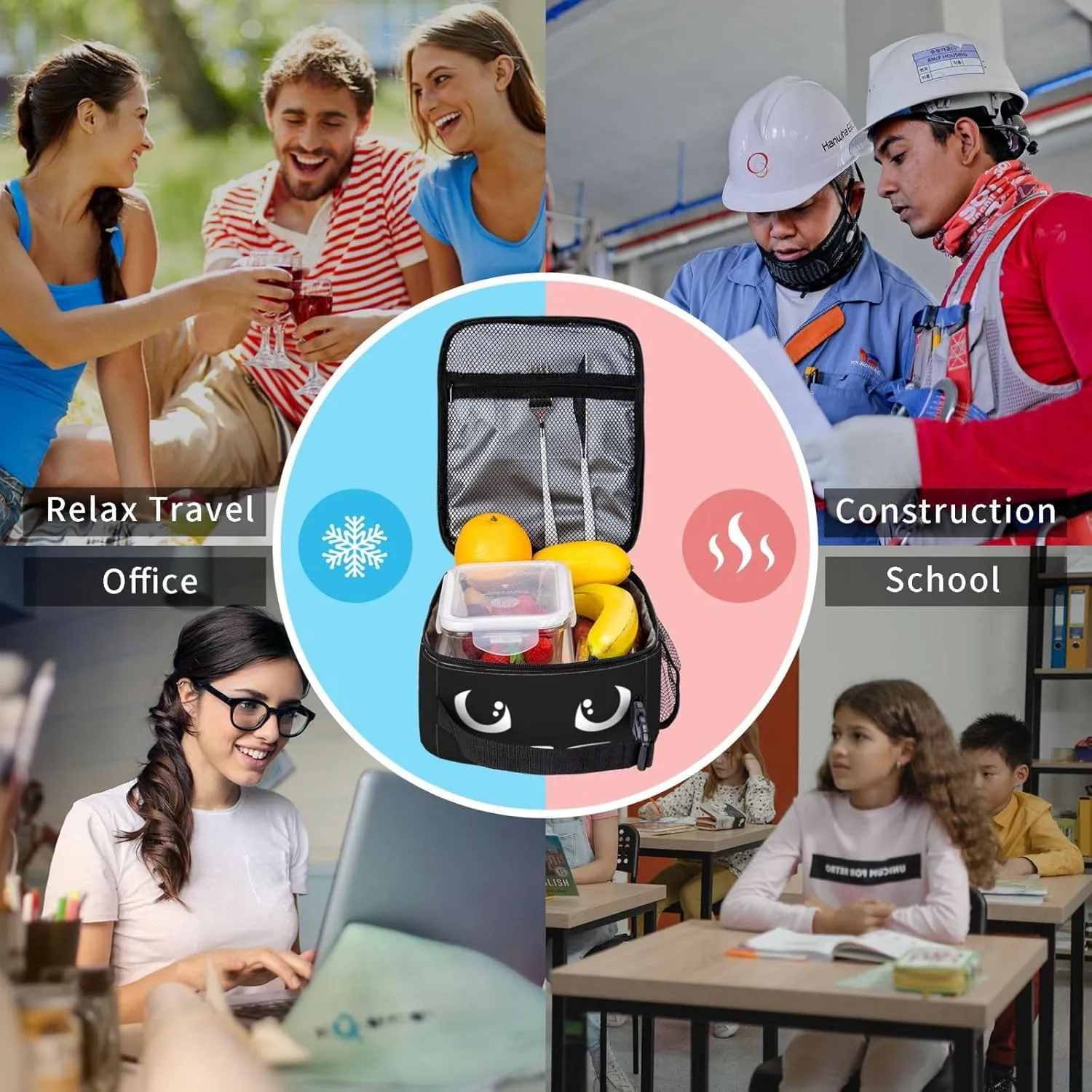 Black Cat Reusable Lunch Box Food Bag Insulated Lunch Bag for Teenage Boys Girls School Beach