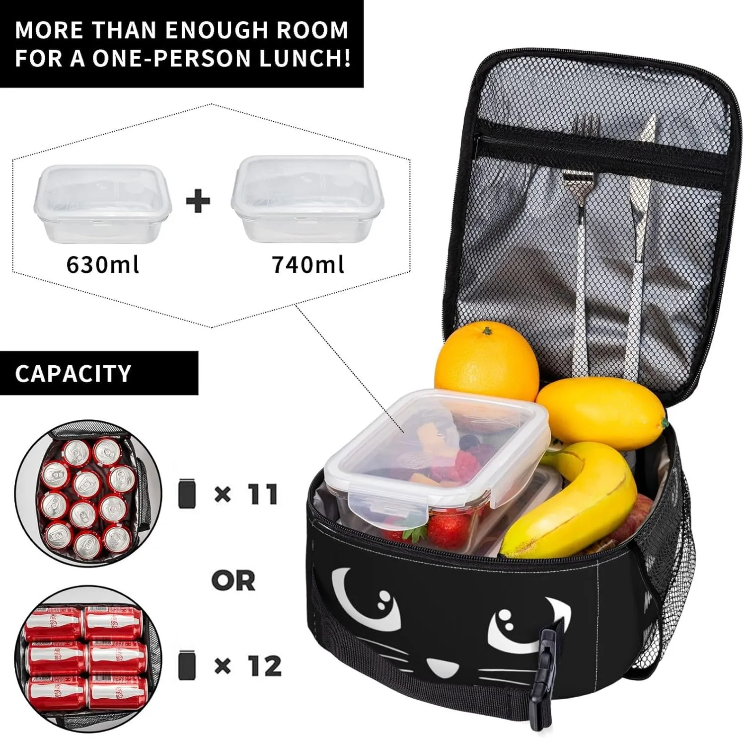 Black Cat Reusable Lunch Box Food Bag Insulated Lunch Bag for Teenage Boys Girls School Beach