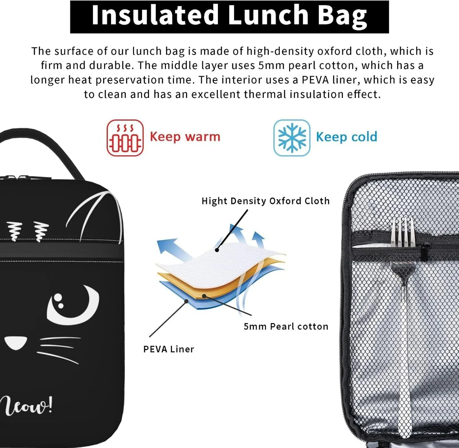 Black Cat Reusable Lunch Box Food Bag Insulated Lunch Bag for Teenage Boys Girls School Beach