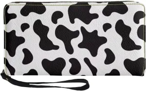 Black Cow Spots Leather Wallet Long Wallet Zip Around Wallet Fashion Travel Business Shopping Money Clips Handbag Purse for Women Men
