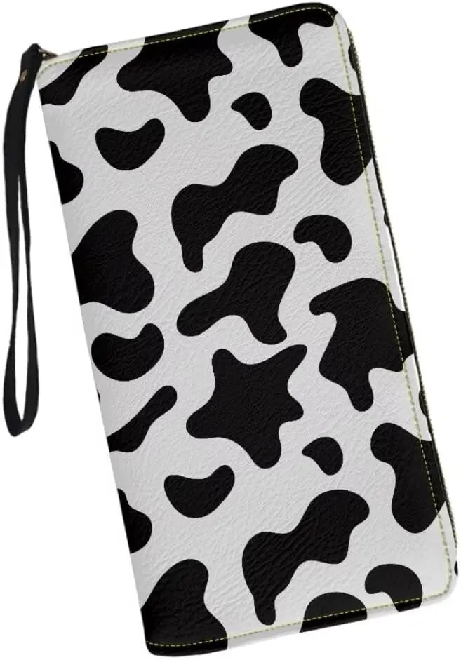 Black Cow Spots Leather Wallet Long Wallet Zip Around Wallet Fashion Travel Business Shopping Money Clips Handbag Purse for Women Men