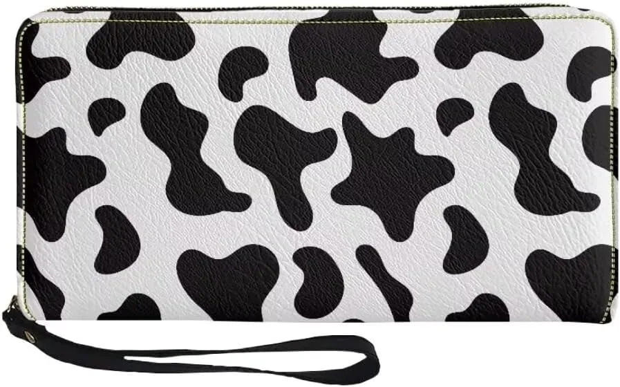 Black Cow Spots Leather Wallet Long Wallet Zip Around Wallet Fashion Travel Business Shopping Money Clips Handbag Purse for Women Men