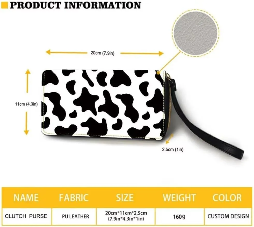 Black Cow Spots Leather Wallet Long Wallet Zip Around Wallet Fashion Travel Business Shopping Money Clips Handbag Purse for Women Men