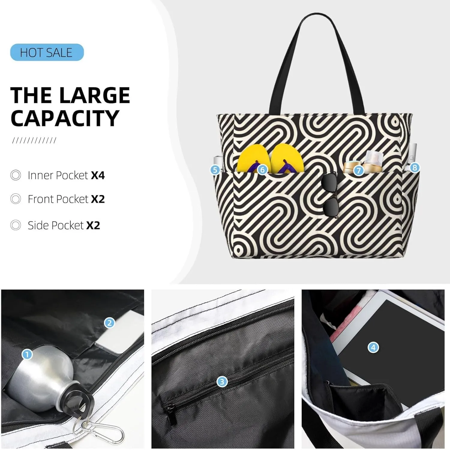 Black Curved Texture Spacious Large Capacity Beach Travel Bag - Foldable Beach Bag Tote Bag With Zipper