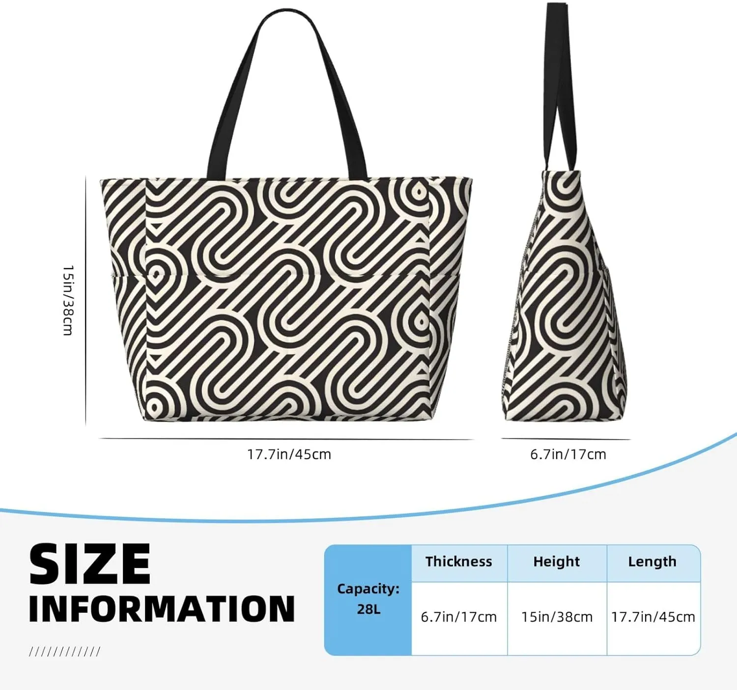 Black Curved Texture Spacious Large Capacity Beach Travel Bag - Foldable Beach Bag Tote Bag With Zipper