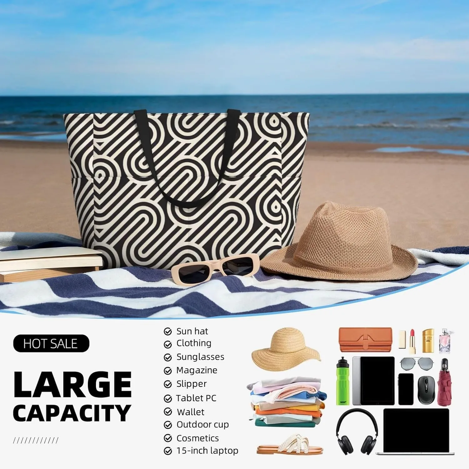 Black Curved Texture Spacious Large Capacity Beach Travel Bag - Foldable Beach Bag Tote Bag With Zipper