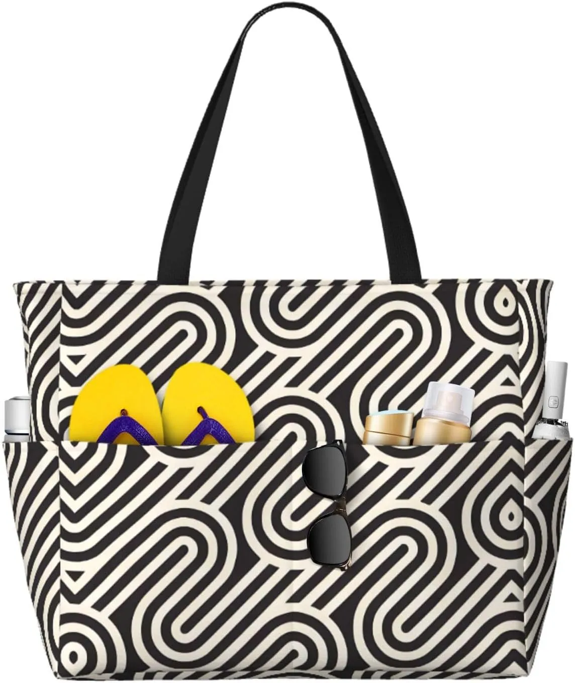 Black Curved Texture Spacious Large Capacity Beach Travel Bag - Foldable Beach Bag Tote Bag With Zipper