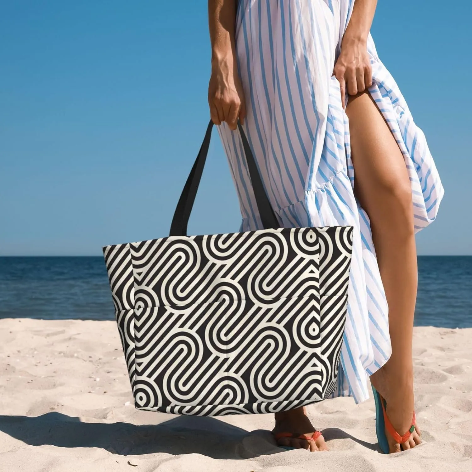 Black Curved Texture Spacious Large Capacity Beach Travel Bag - Foldable Beach Bag Tote Bag With Zipper