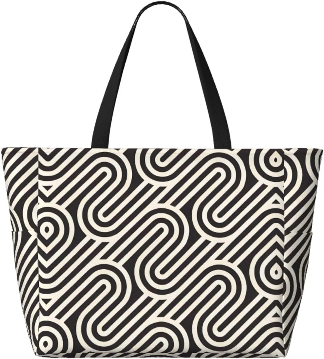 Black Curved Texture Spacious Large Capacity Beach Travel Bag - Foldable Beach Bag Tote Bag With Zipper