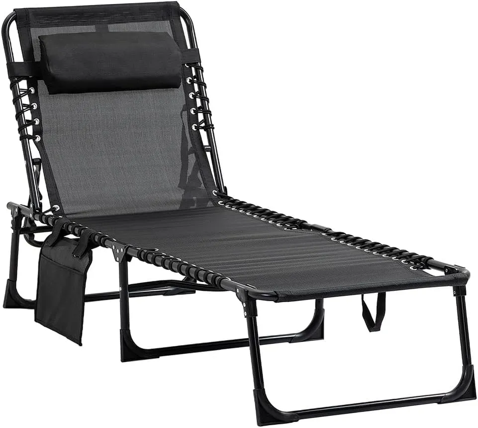 Black Outdoor Lounge Chair, Adjustable Backrest Folding Chaise Lounge, Camping Chairs for Adults, Beach Chair, Adjustable Reclining Lounge Chair Outdoor, Folding Chairs for Outside