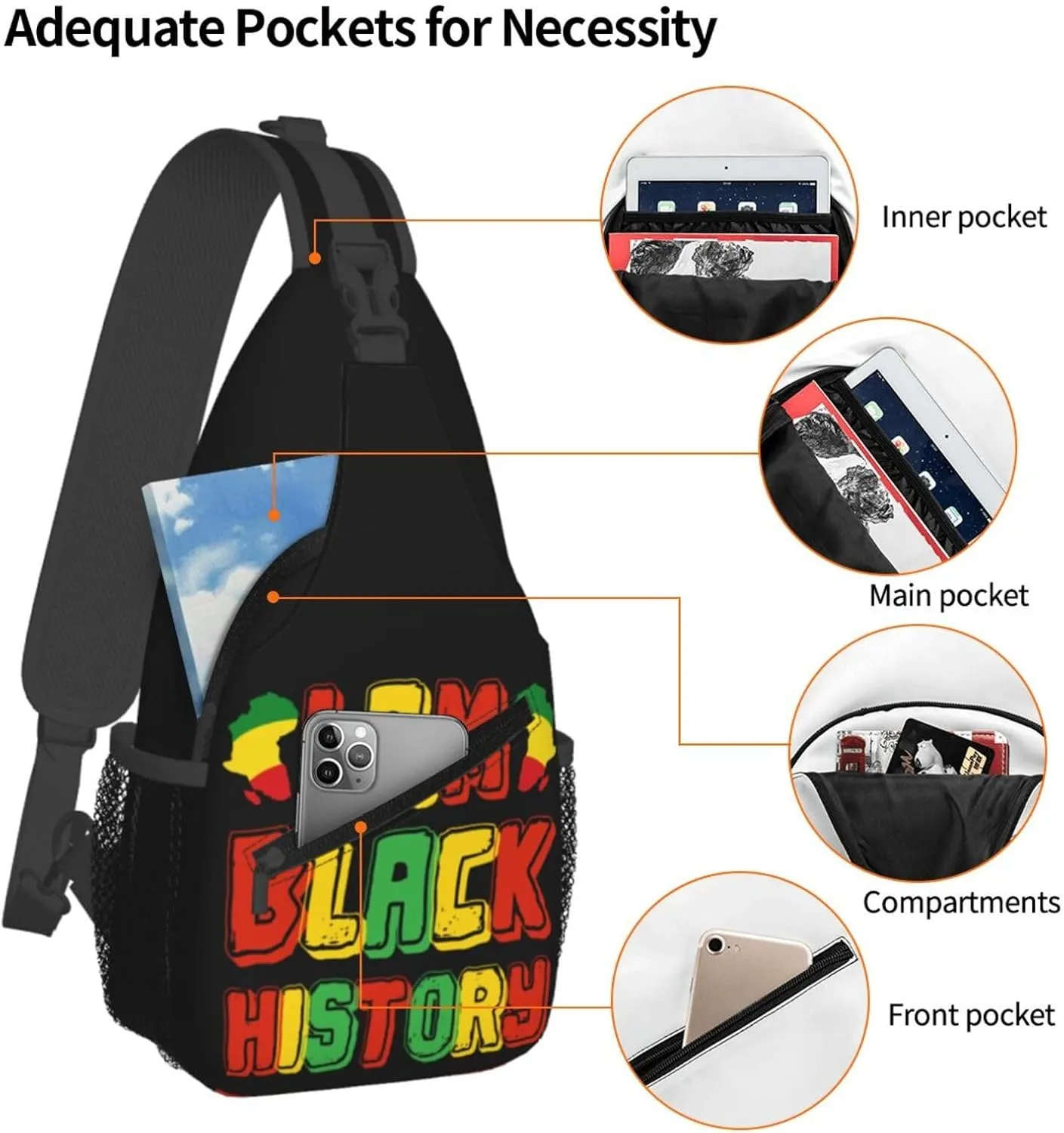 Black Power Hand Symbol Crossbody Bag Adjustable Sling Bag Casual Chest Bags Travel Shoulder Backpack