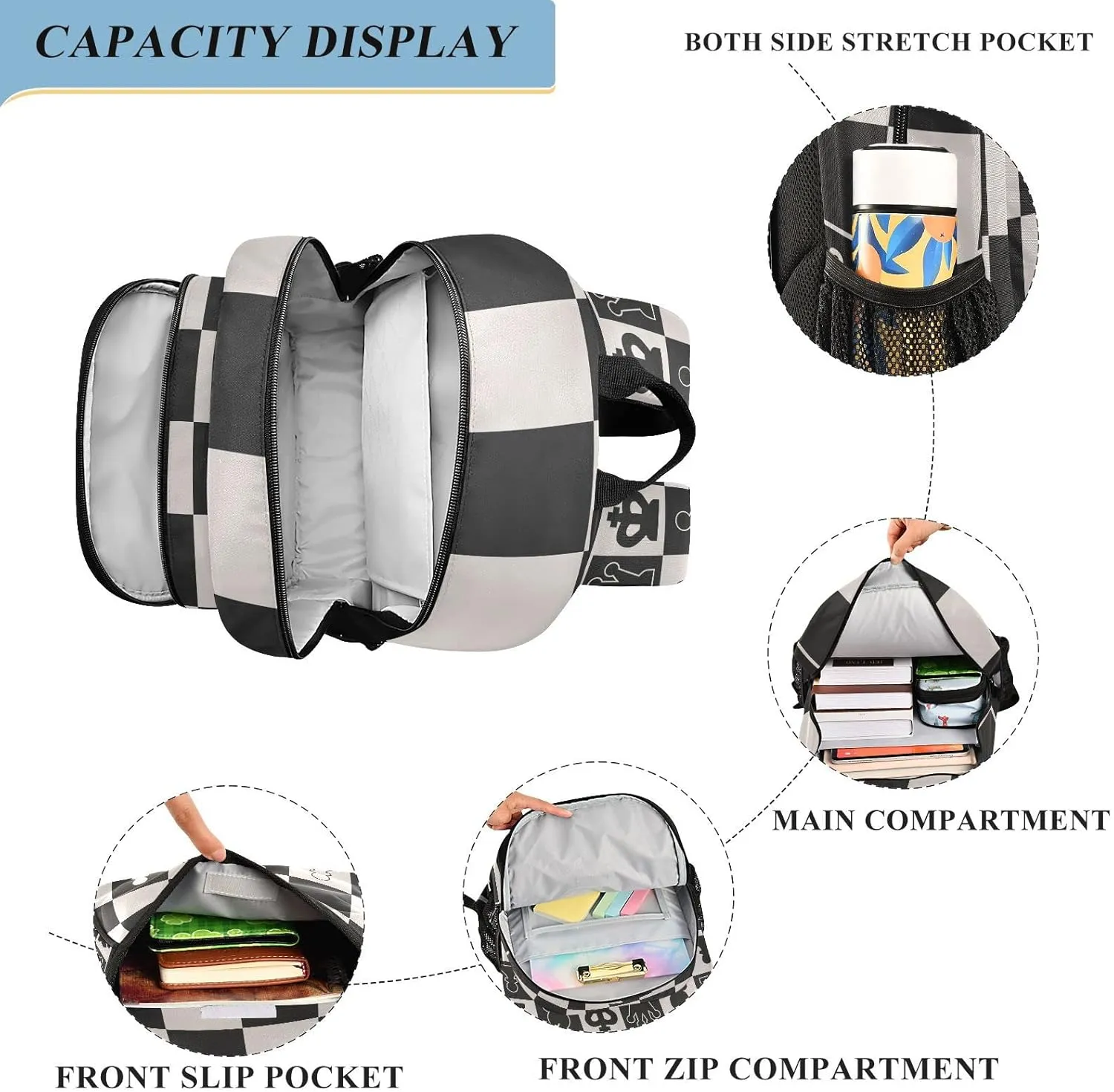 Black White Chess Board Backpacks with Chest Strap for Teens Women Men, Chess Pieces Large Book Bags Lightweight Laptop Computer Bags Travel Casual Daypacks for College Work Business 18 Inch