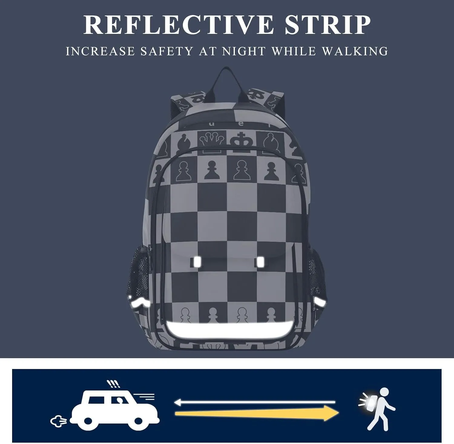 Black White Chess Board Backpacks with Chest Strap for Teens Women Men, Chess Pieces Large Book Bags Lightweight Laptop Computer Bags Travel Casual Daypacks for College Work Business 18 Inch