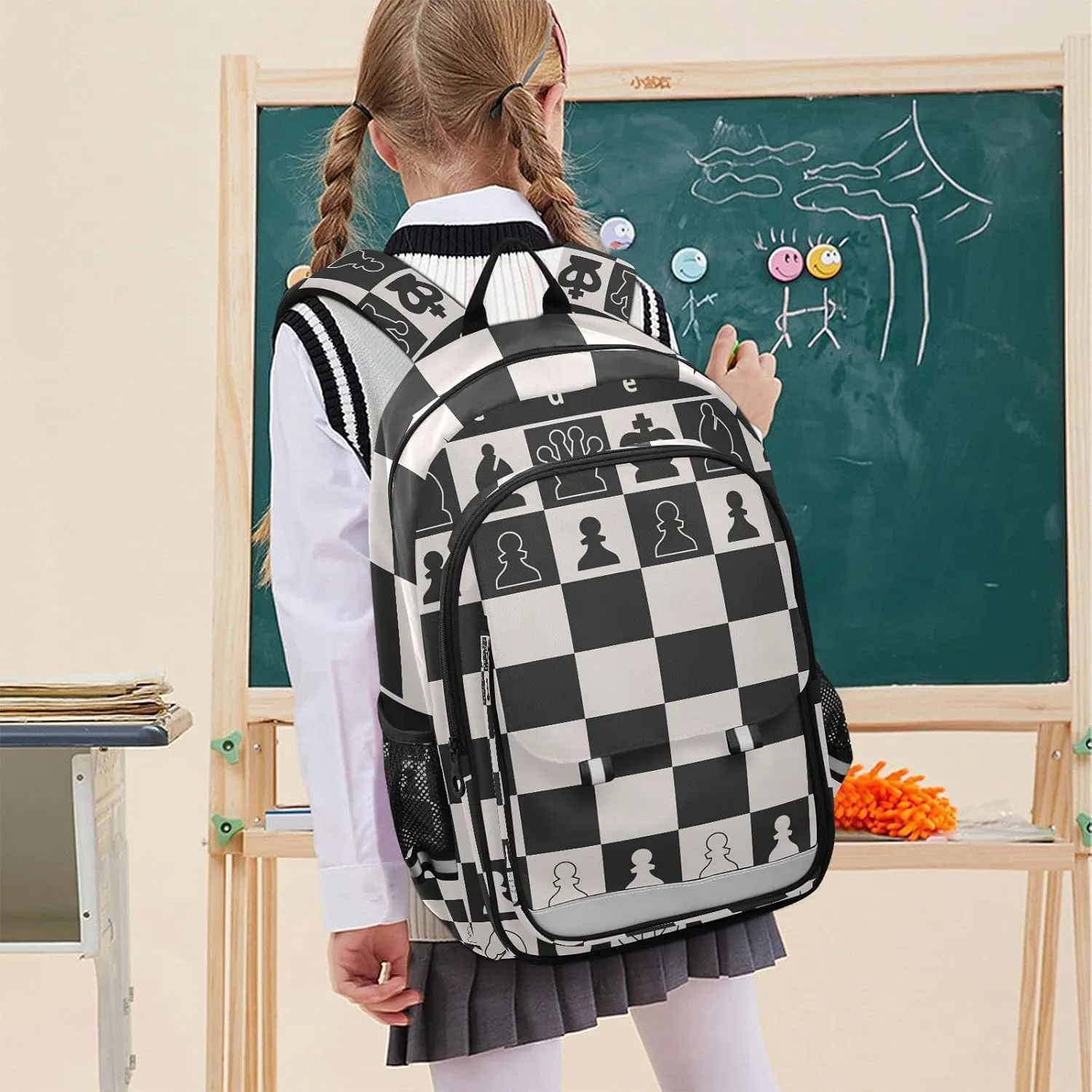 Black White Chess Board Backpacks with Chest Strap for Teens Women Men, Chess Pieces Large Book Bags Lightweight Laptop Computer Bags Travel Casual Daypacks for College Work Business 18 Inch